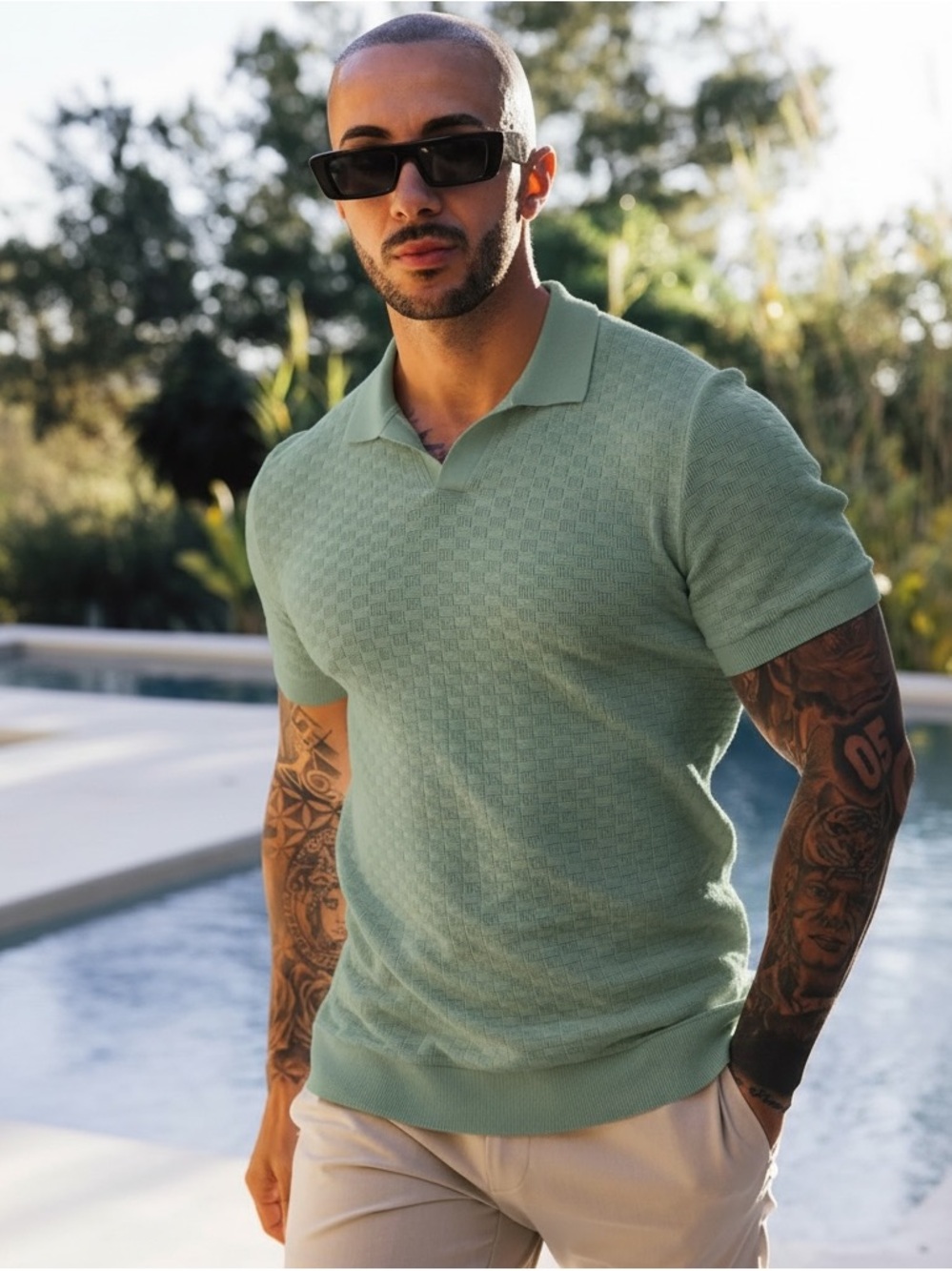 Mauvais Knit Polo Basketweave Pullover Sweater Johnny Collar Sage Green Size XL
